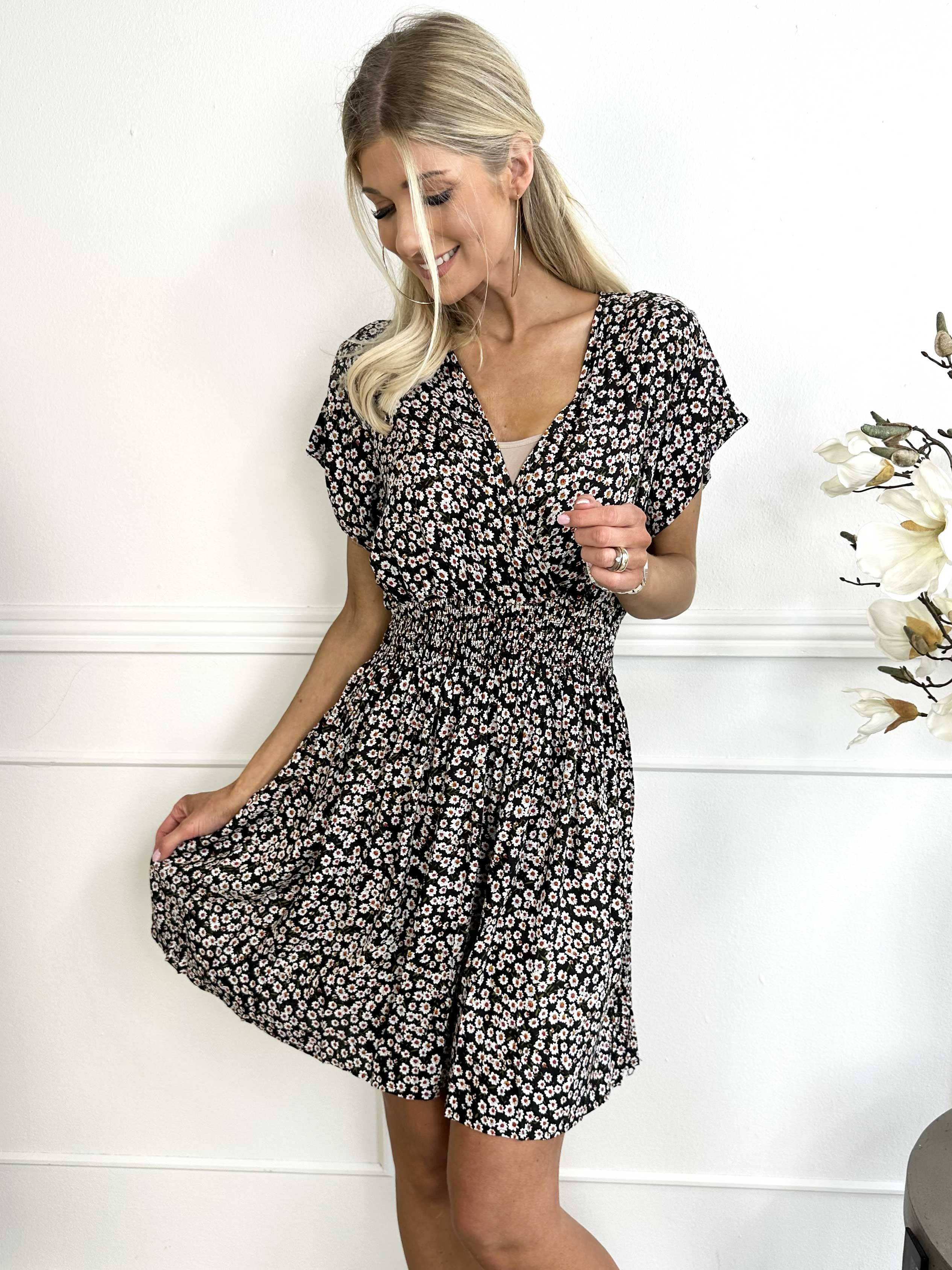 Clementine - Småblommig klänning med resår i midjan